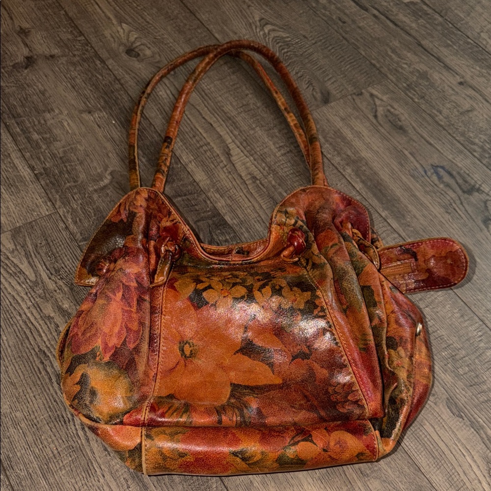 Women's Floral Leather Tote Bag - Brown/Orange